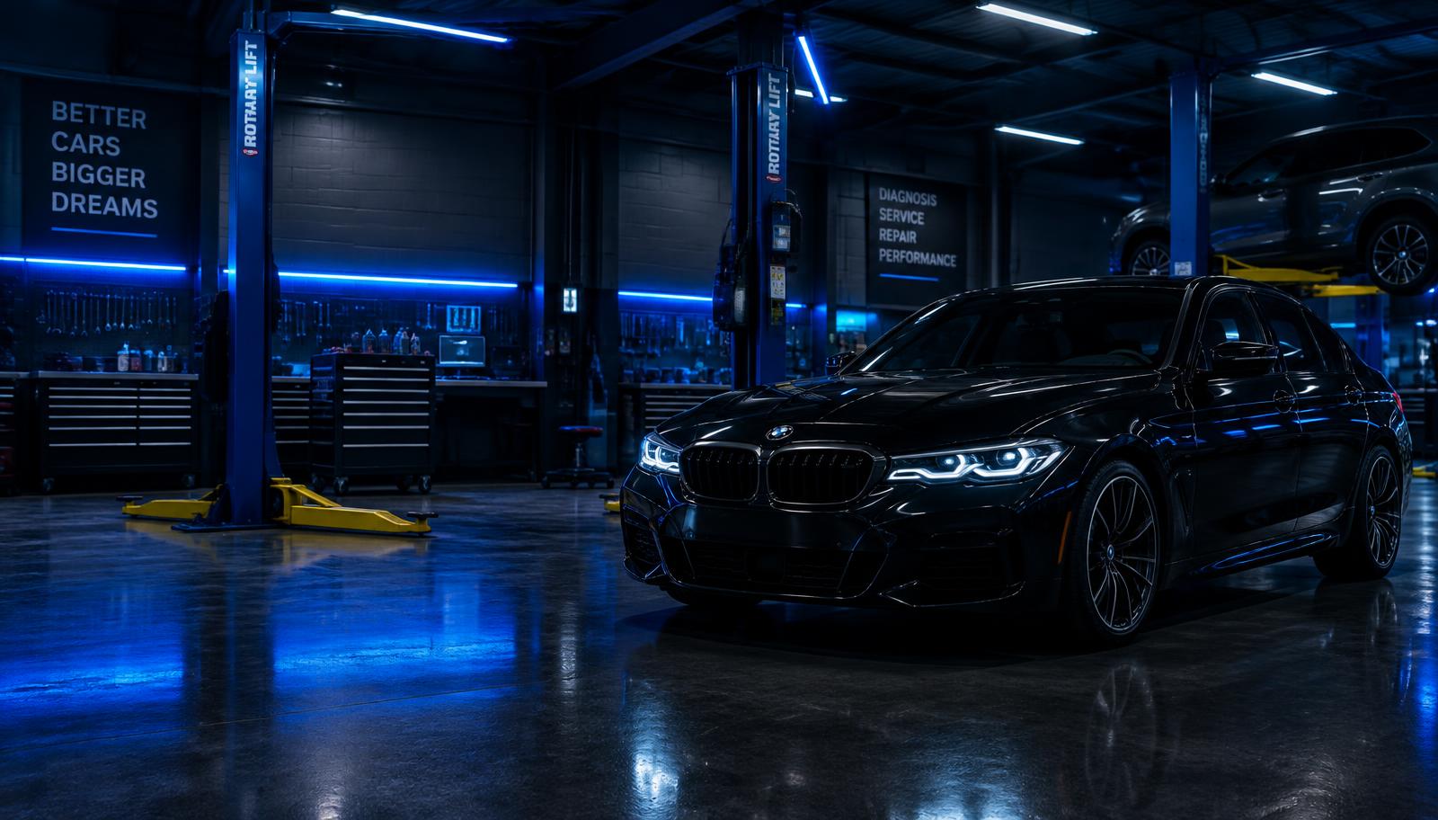 Carro preto em oficina mecânica moderna no Boqueirão, Curitiba