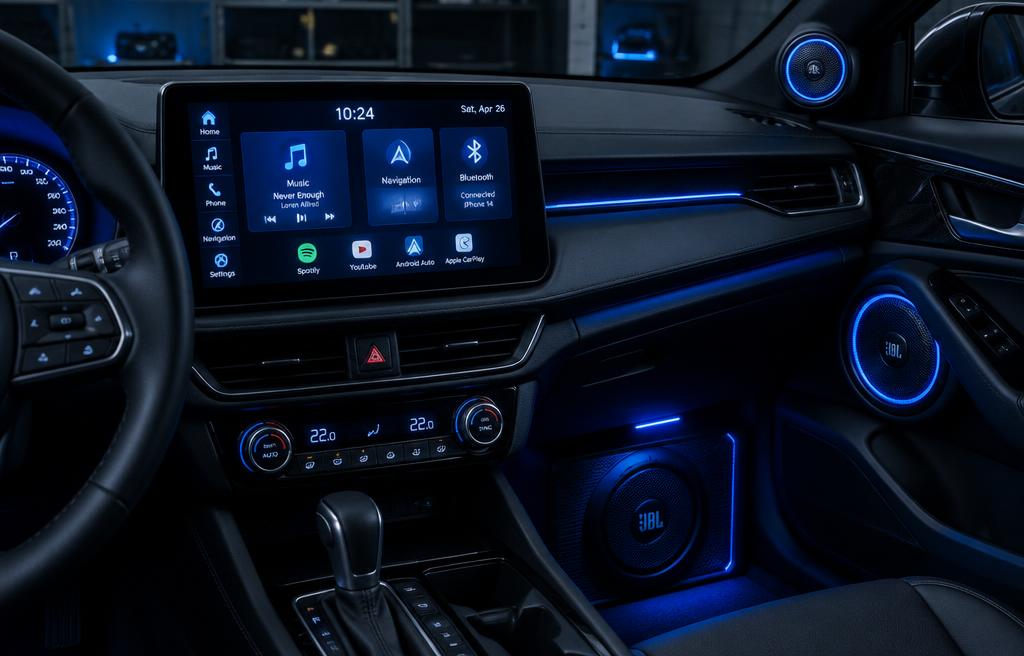 Central multimídia e som automotivo instalados no painel